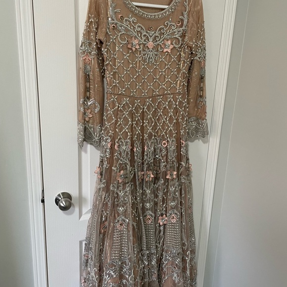 Dresses & Skirts - Elegant Embellished Maxi Dress - Tan and Silver